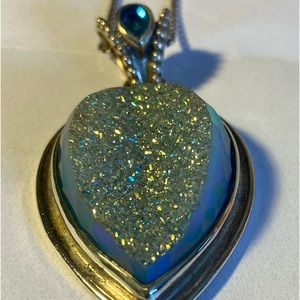 Gorgeous Blue Large Druzy Pendant w Blue Topaz Sterling Silver